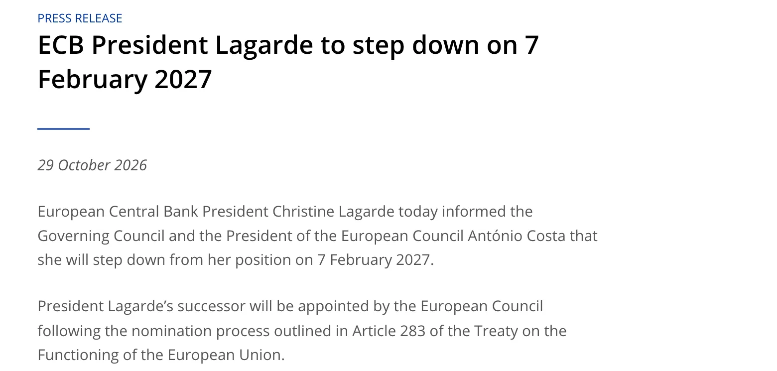ภาพหน้าจอประกาศของ ECB วันที่ 29 ตุลาคม 2026 ว่าลาการ์ด ลาออกจากตำแหน่งประธาน มีผล 7 กุมภาพันธ์ 2027 และผู้สืบทอดแต่งตั้งโดย European Council