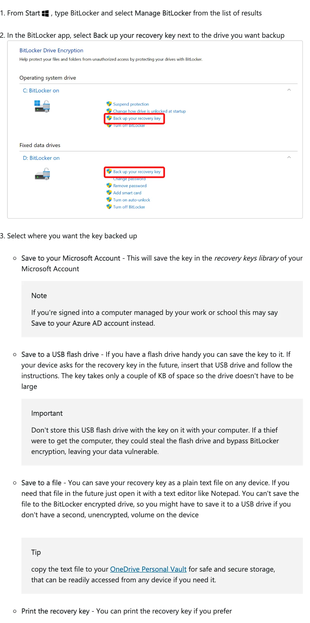 หน้า Back Up Your BitLocker Recovery Key ของ Microsoft แสดงปุ่ม Back up your recovery key ในหน้า BitLocker Drive Encryption และตัวเลือก Save to your Microsoft Account, Save to a USB flash drive, Save to a file และ Print the recovery key