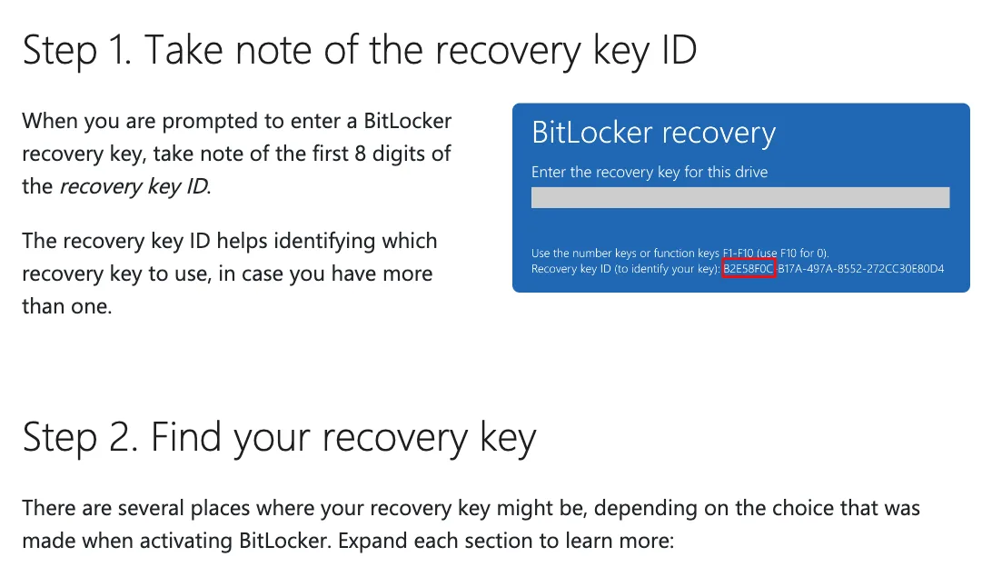 หัวข้อ Step 1 Take note of the recovery key ID ในหน้า Find your BitLocker recovery key แสดงหน้าจอ BitLocker recovery และเลข 8 หลักแรกของ recovery key ID