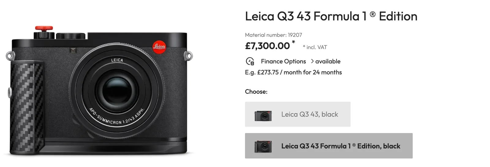 ภาพหน้าจอหน้าสั่งซื้อ Leica Q3 43 Formula 1 Edition บนเว็บไซต์ Leica สหราชอาณาจักร แสดงราคา 7,300 ปอนด์รวม VAT ตรวจเมื่อ 27 ตุลาคม 2026