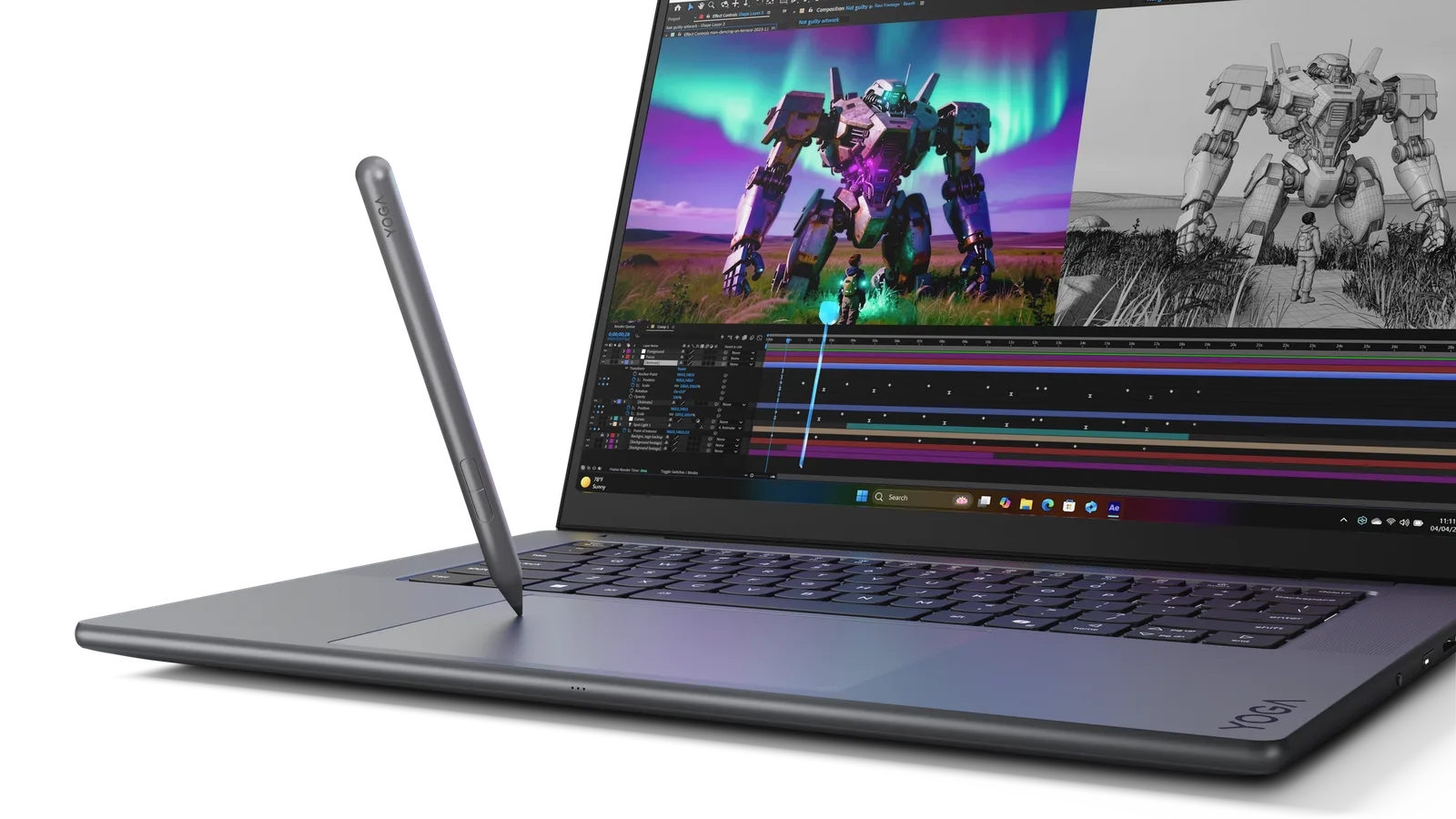 ปากกา Yoga Pen Gen 2 แตะบน Force Pad ของ Lenovo Yoga Pro 9n ขณะจอแสดงงานตัดต่อภาพหุ่นยนต์