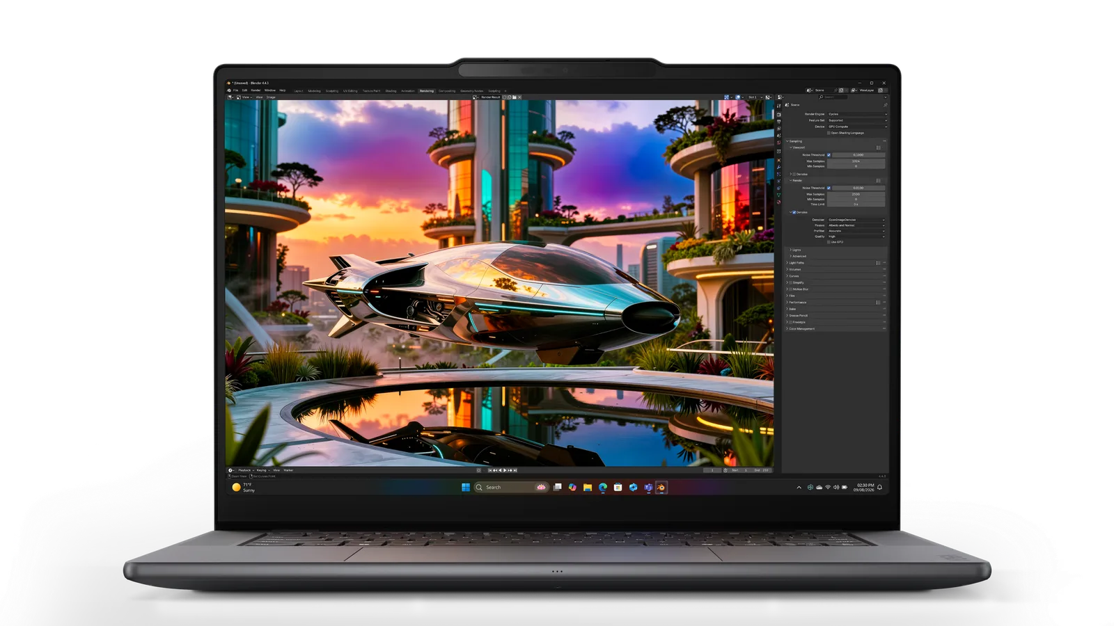 ด้านหน้า Lenovo Yoga Pro 9n เปิดโปรแกรมแต่งภาพที่แสดงฉากเมืองสีสดบนจอ OLED