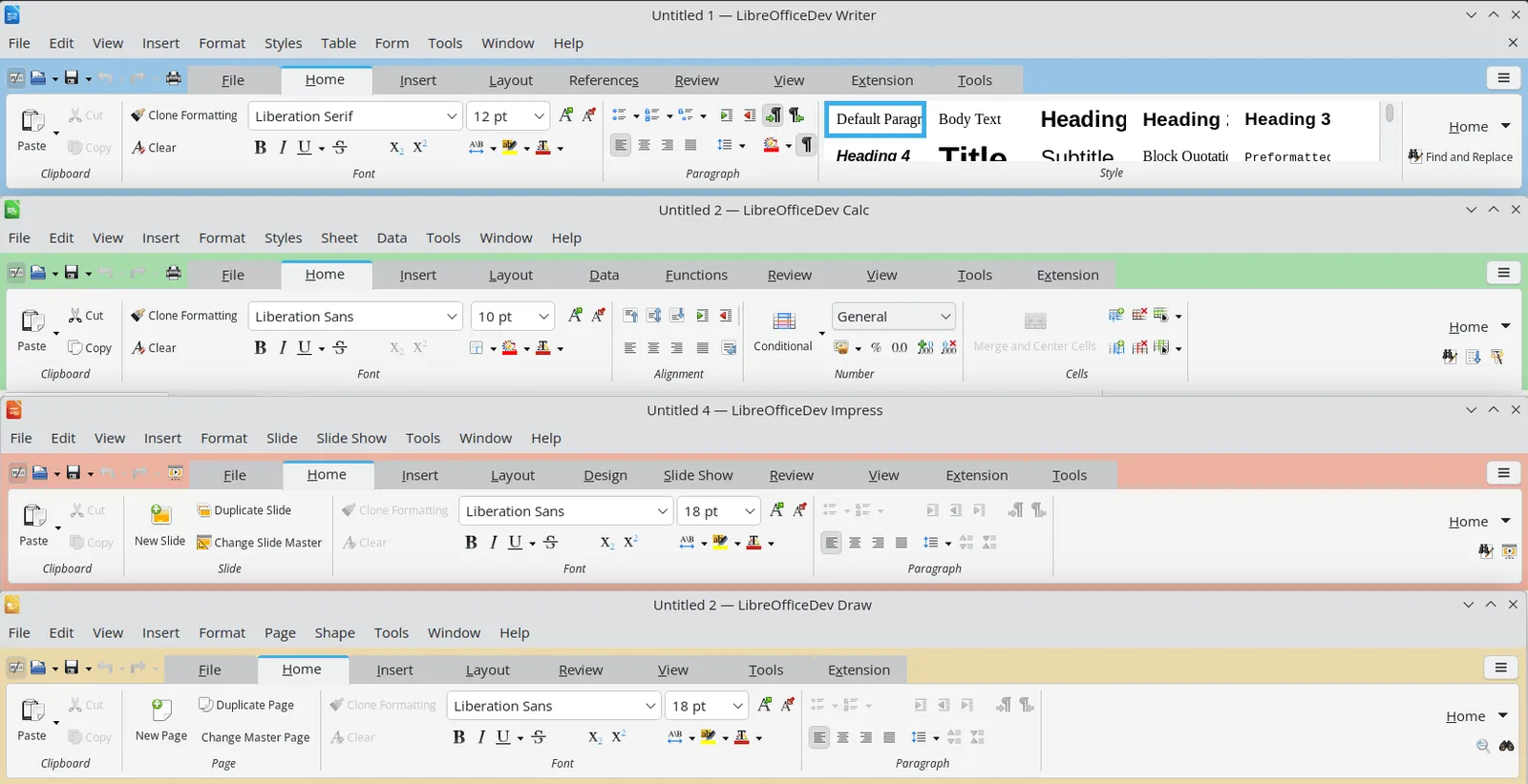 Notebookbar ของ LibreOffice 26.8 ใน Writer, Calc, Impress และ Draw ที่มีสีพื้นหลังต่างกันแต่ละโปรแกรม