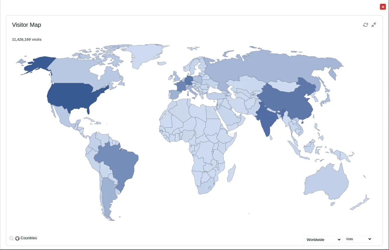 แผนที่ Visitor Map จาก Matomo แสดงการเข้าเว็บดาวน์โหลด LibreOffice ทั่วโลกรวม 11,426,169 ครั้ง