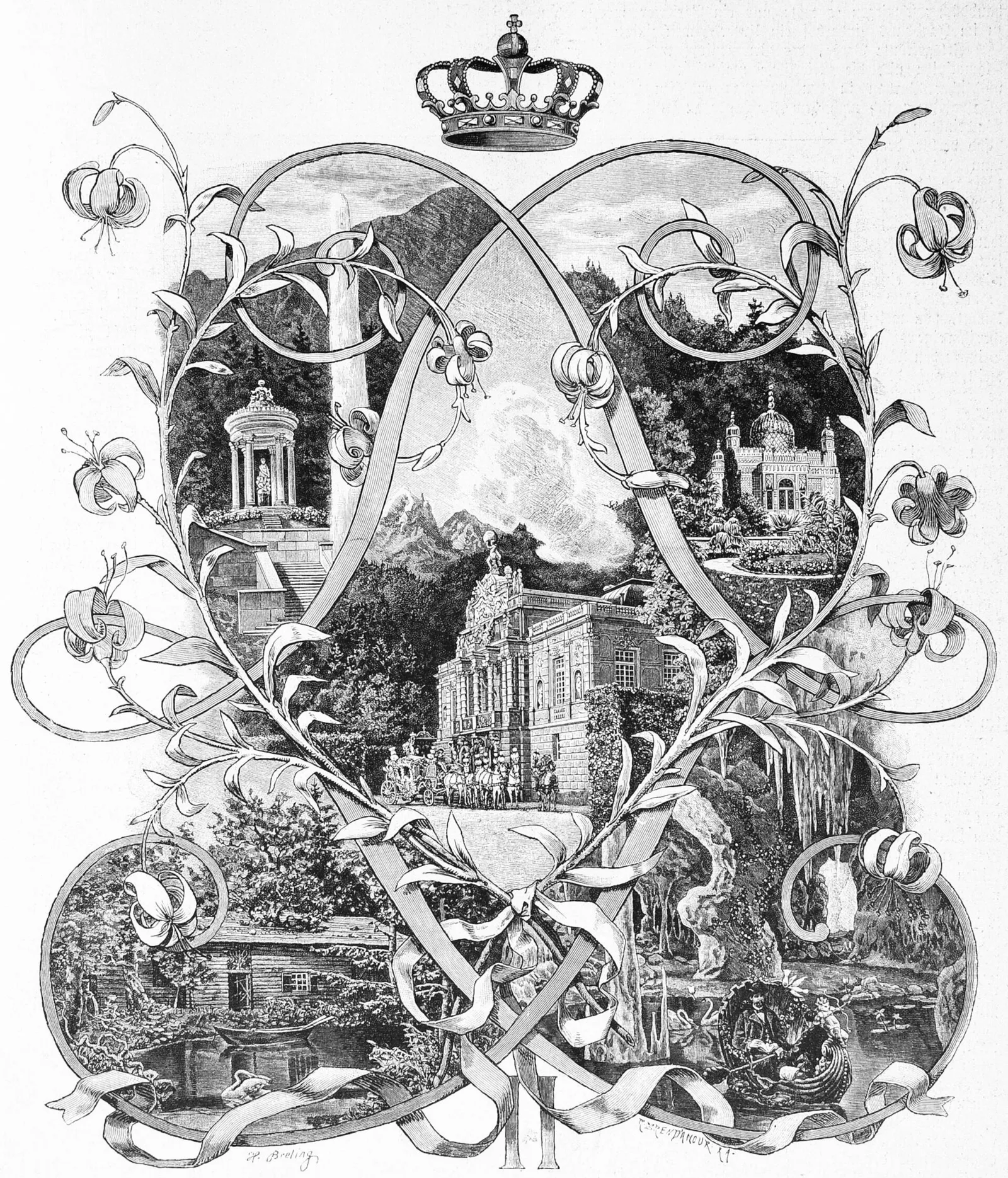 ภาพพระราชวังลินเดอร์ฮอฟและสวนของ H. Breling ในนิตยสาร Die Gartenlaube ปี 1886