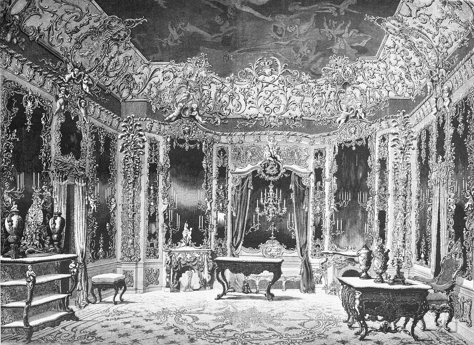ห้องกระจก (Spiegelsaal) ของพระราชวังลินเดอร์ฮอฟ ภาพลายเส้นในนิตยสาร Die Gartenlaube ปี 1886