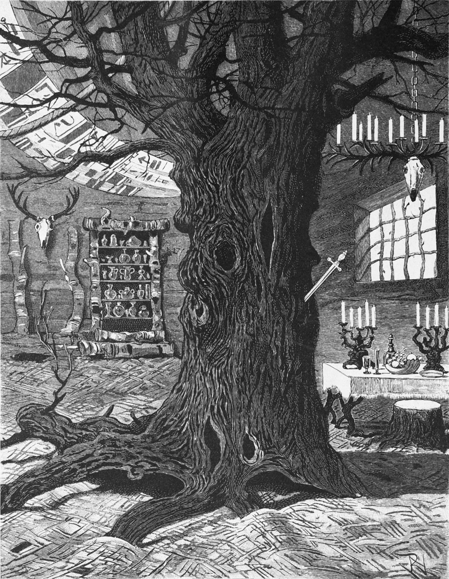 ภายใน Hunding's Hut ในป่า Ammerwald ภาพลายเส้นของ Robert Aßmus ในนิตยสาร Die Gartenlaube ปี 1886