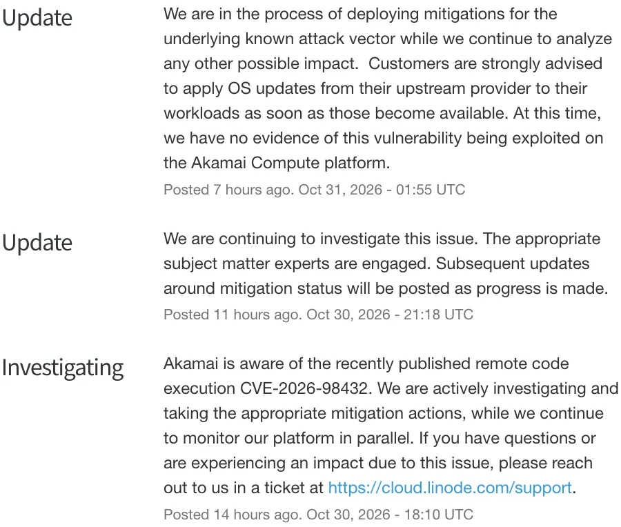 หน้าสถานะ Linode แสดงประกาศ Linode CVE-2026-98432 ทั้ง 3 ข้อความ ล่าสุดวันที่ 31 ตุลาคม 2026 เวลา 01:55 UTC