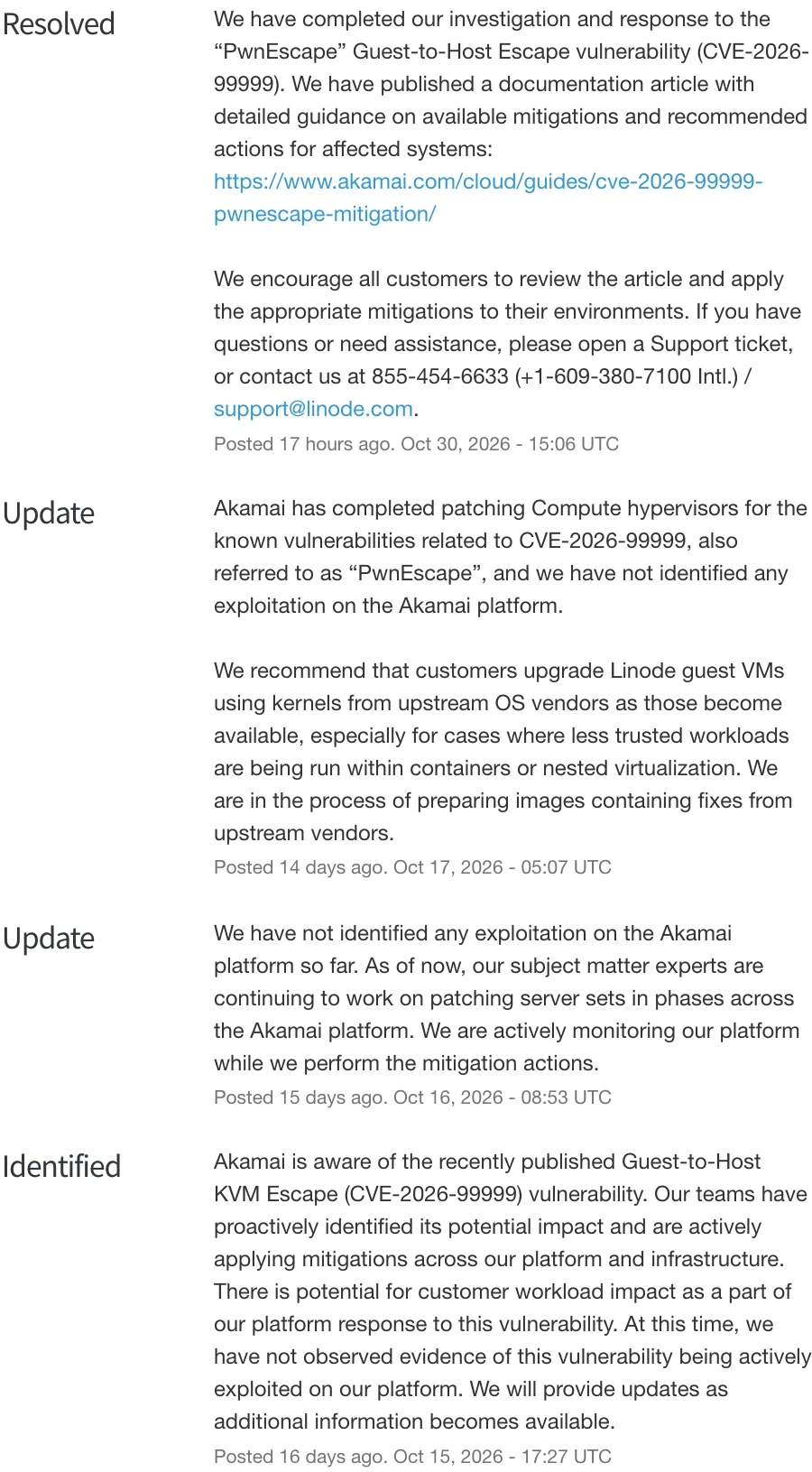 หน้าสถานะ Linode แสดงลำดับข้อความเหตุ PwnEscape CVE-2026-99999 ตั้งแต่ 15 ถึง 30 ตุลาคม 2026