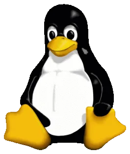 Tux เพนกวินสีดำขาวปากและเท้าสีเหลืองนั่งอยู่ มาสคอตของ Linux ฉบับดั้งเดิมที่ Larry Ewing วาด
