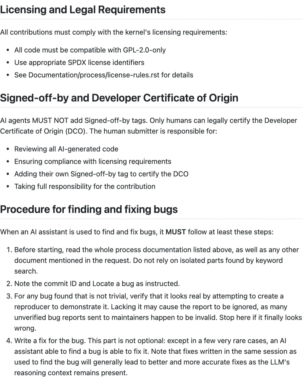 เอกสาร coding-assistants.rst ของ Linux kernel ส่วน Signed-off-by and Developer Certificate of Origin ที่ห้าม AI agent ใส่ Signed-off-by