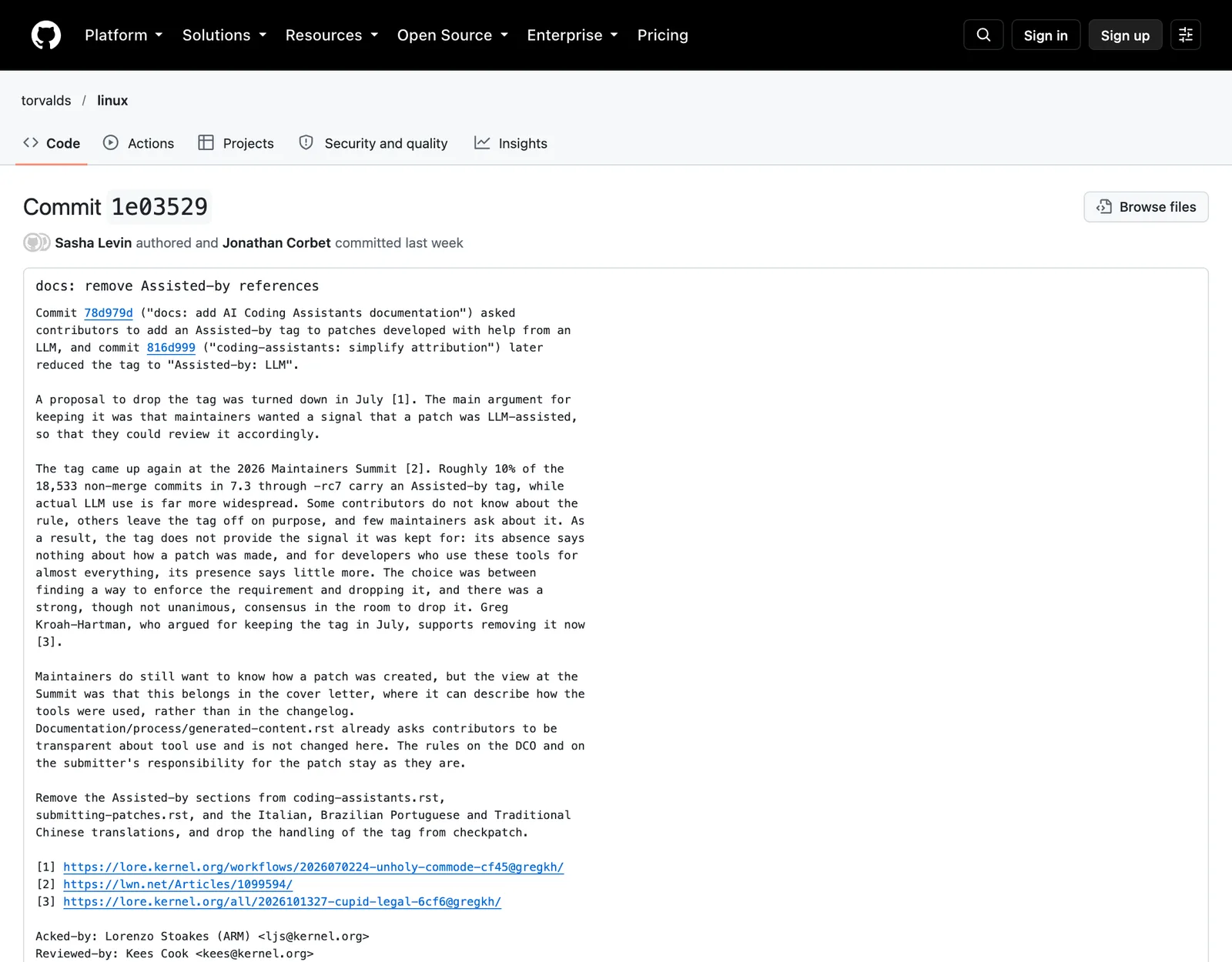 หน้า commit docs: remove Assisted-by references ของ Sasha Levin ที่ Jonathan Corbet รับเข้า tree เอกสาร