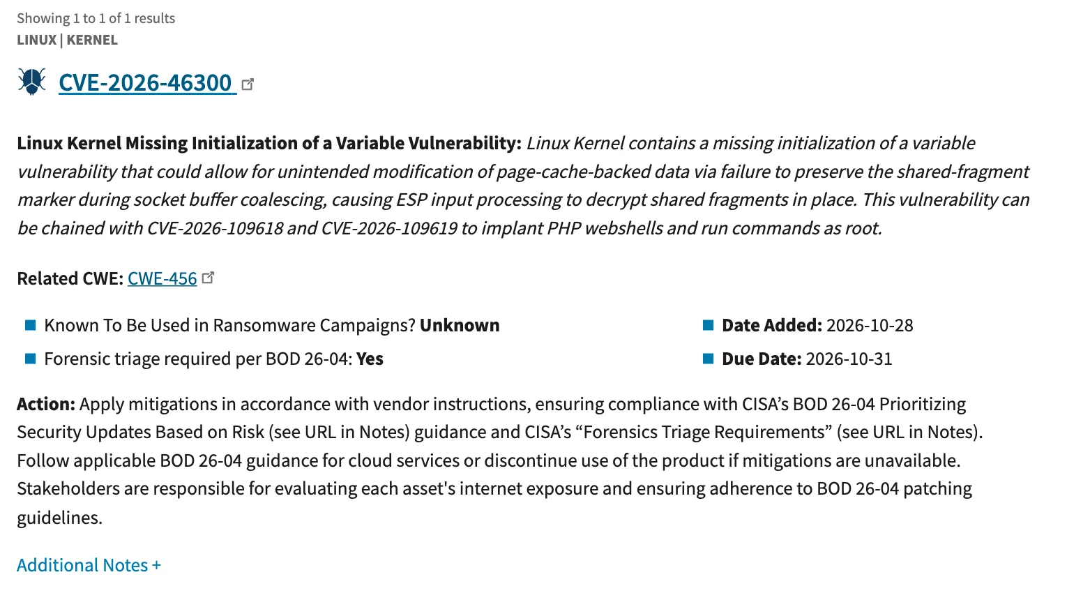 รายการ CVE-2026-46300 ในแคตตาล็อก KEV ของ CISA: Linux Kernel Missing Initialization of a Variable Vulnerability วันที่เพิ่ม 2026-10-28 กำหนดแก้ 2026-10-31 และ Forensic triage required per BOD 26-04: Yes