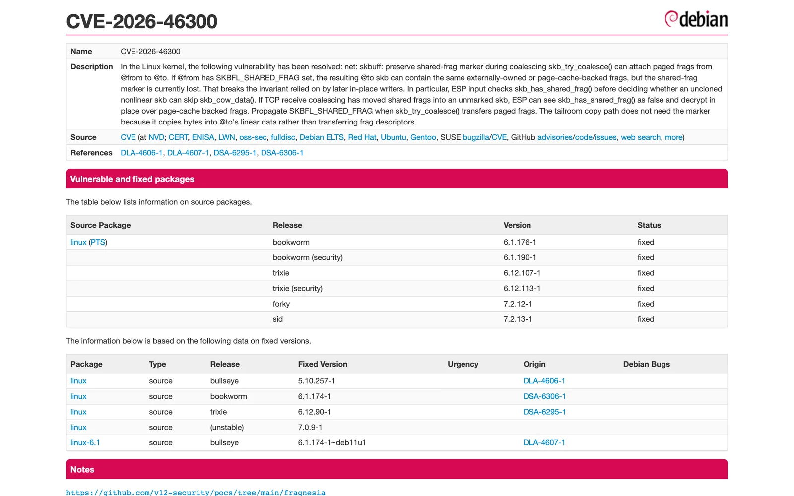 หน้า CVE-2026-46300 ใน Debian Security Tracker แสดงรุ่นที่แก้แล้ว bullseye 5.10.257-1, bookworm 6.1.174-1 และ trixie 6.12.90-1 พร้อมเลขประกาศ DSA และ DLA