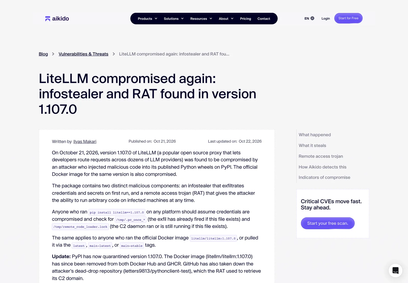 บทวิเคราะห์ของ Aikido Security หัวข้อ LiteLLM compromised again: infostealer and RAT found in version 1.107.0 โดย Ilyas Makari เผยแพร่ 21 ต.ค. 2026
