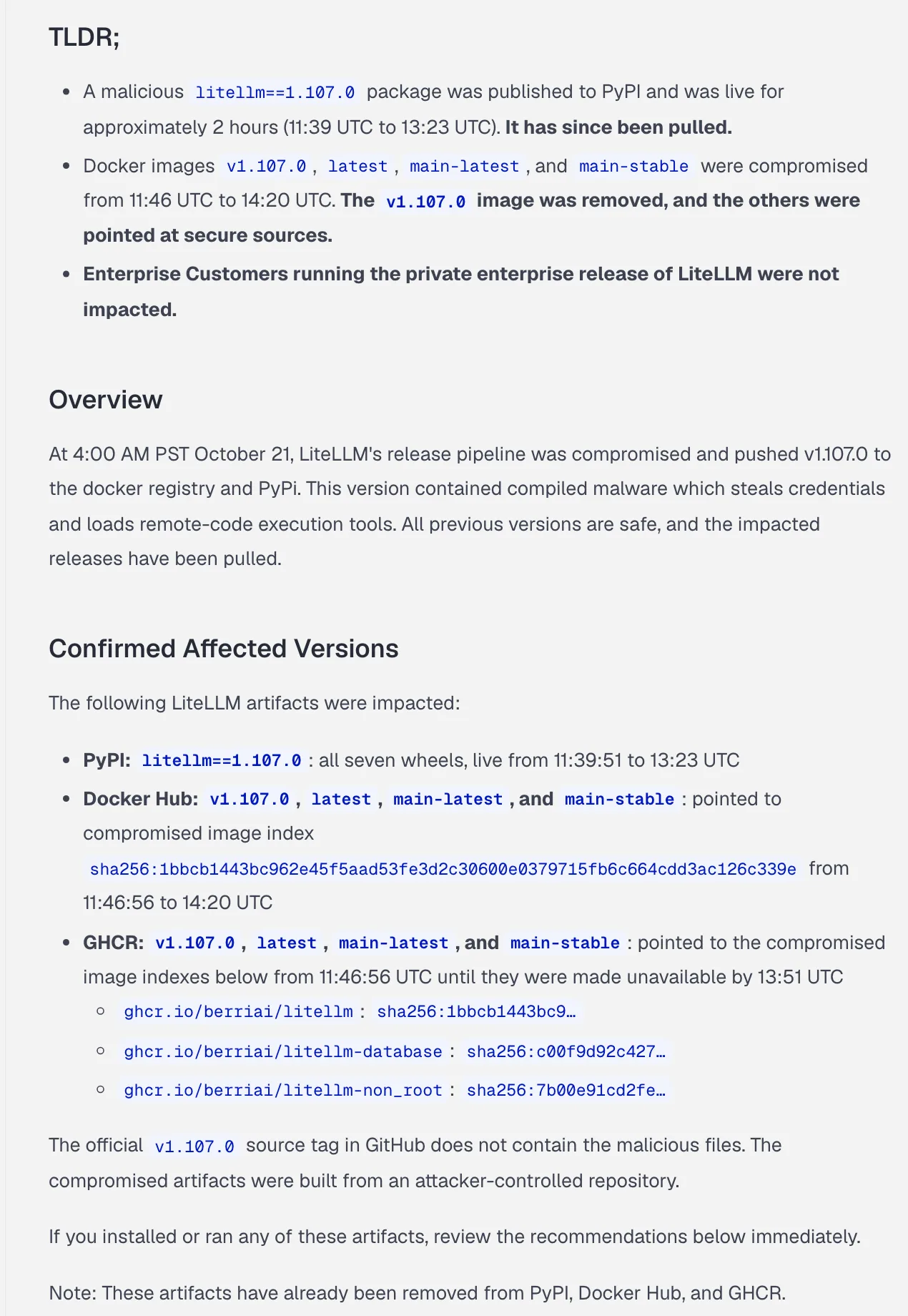 รายงานเหตุการณ์ของ LiteLLM ส่วน TLDR และ Confirmed Affected Versions ระบุว่า litellm 1.107.0 ทั้ง 7 wheel อยู่บน PyPI 11:39:51 ถึง 13:23 UTC และ Docker image ถูกแทนที่ 11:46:56 ถึง 14:20 UTC