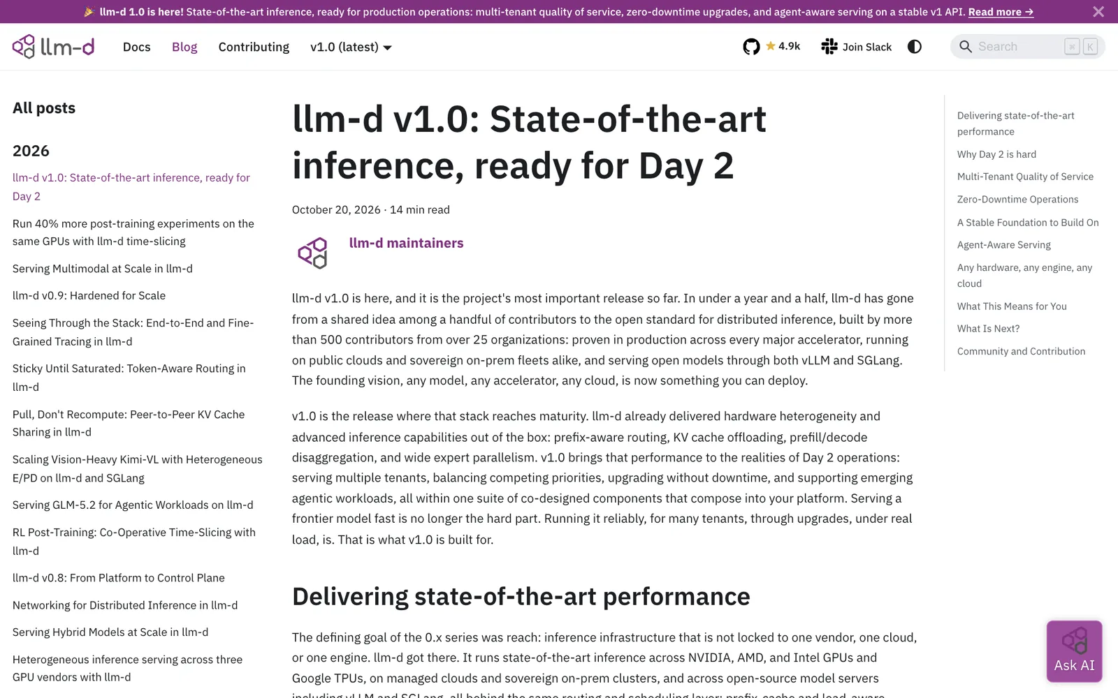 หน้าบล็อก llm-d v1.0: State-of-the-art inference, ready for Day 2 ลงวันที่ 20 ตุลาคม 2026 ประกาศรุ่น llm-d 1.0