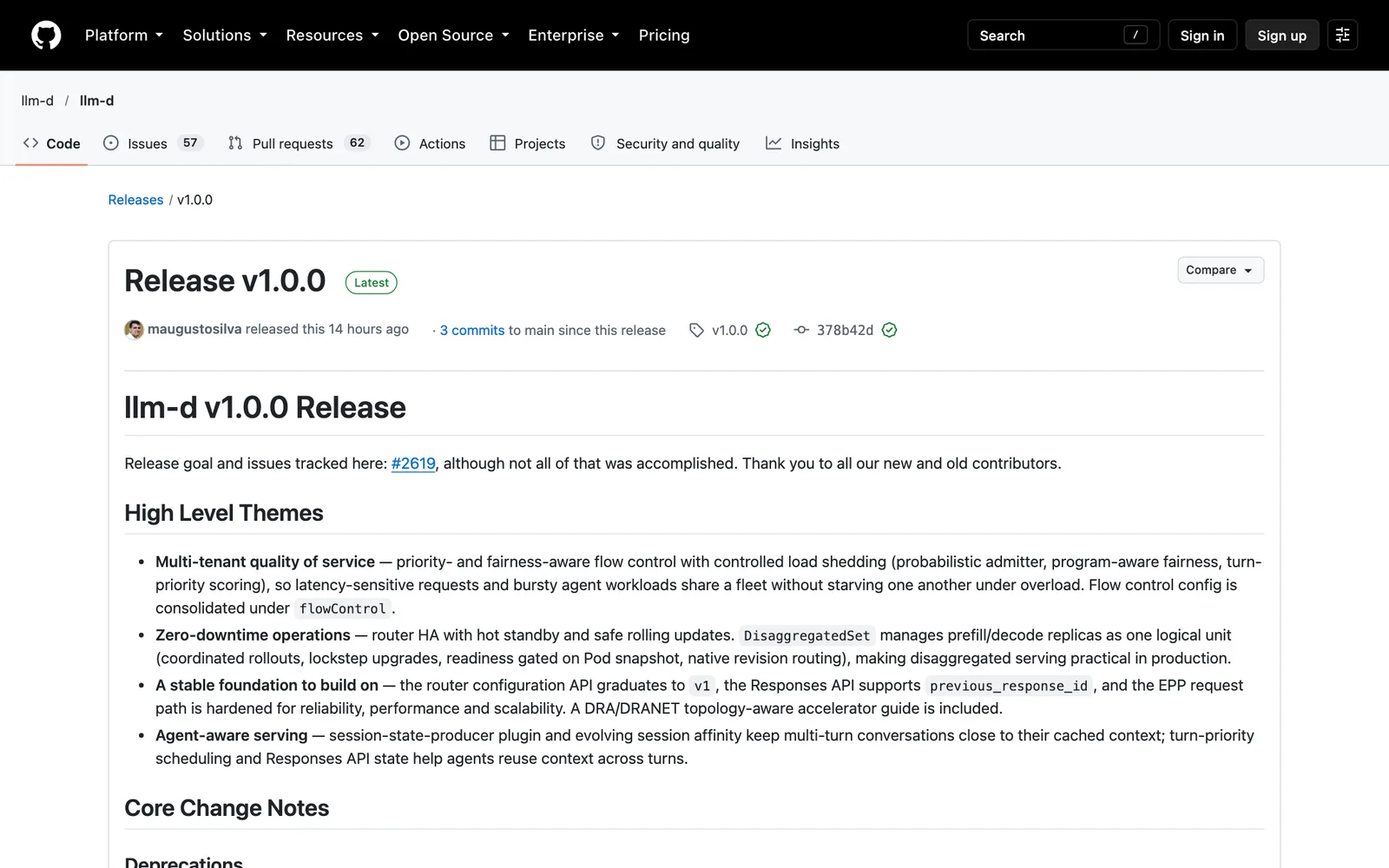 หน้า Release v1.0.0 ของ repository llm-d/llm-d บน GitHub แสดง High Level Themes ของ llm-d 1.0