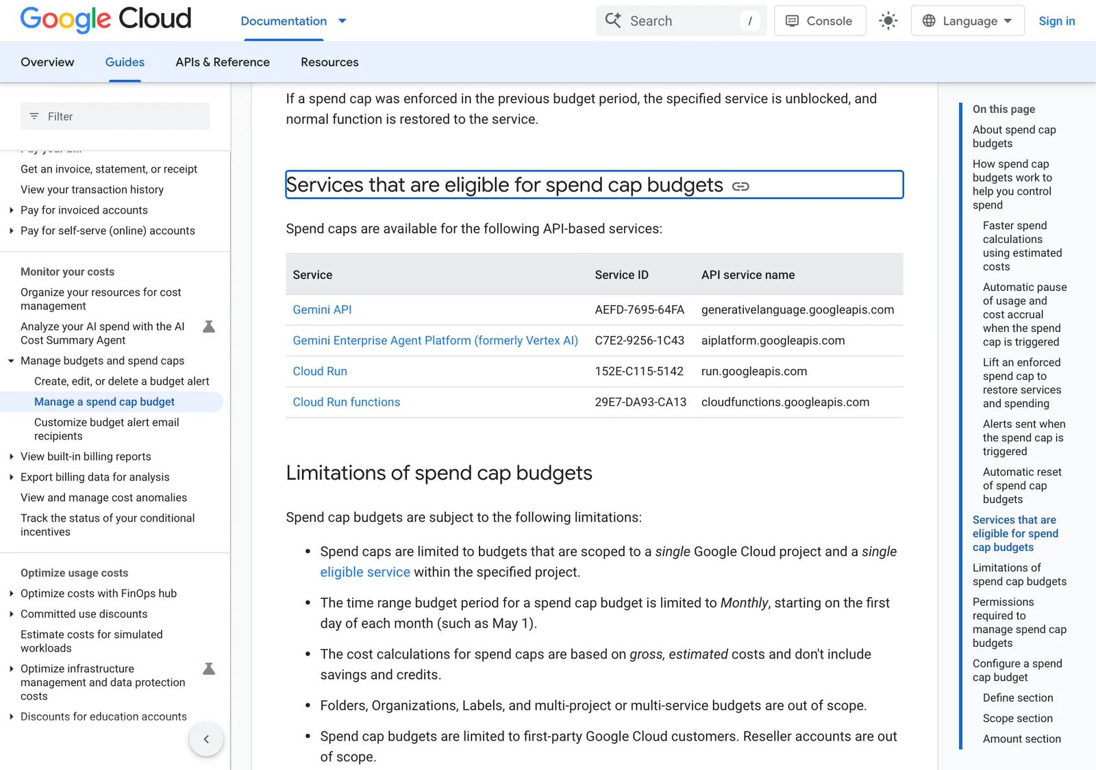 หน้าเอกสาร Google Cloud เรื่อง spend cap budget แสดงบริการที่รองรับ ได้แก่ Gemini API, Gemini Enterprise Agent Platform, Cloud Run และ Cloud Run functions พร้อมข้อจำกัด เช่น ตั้งได้ทีละโปรเจกต์และไม่รองรับบัญชีผ่านตัวแทนจำหน่าย