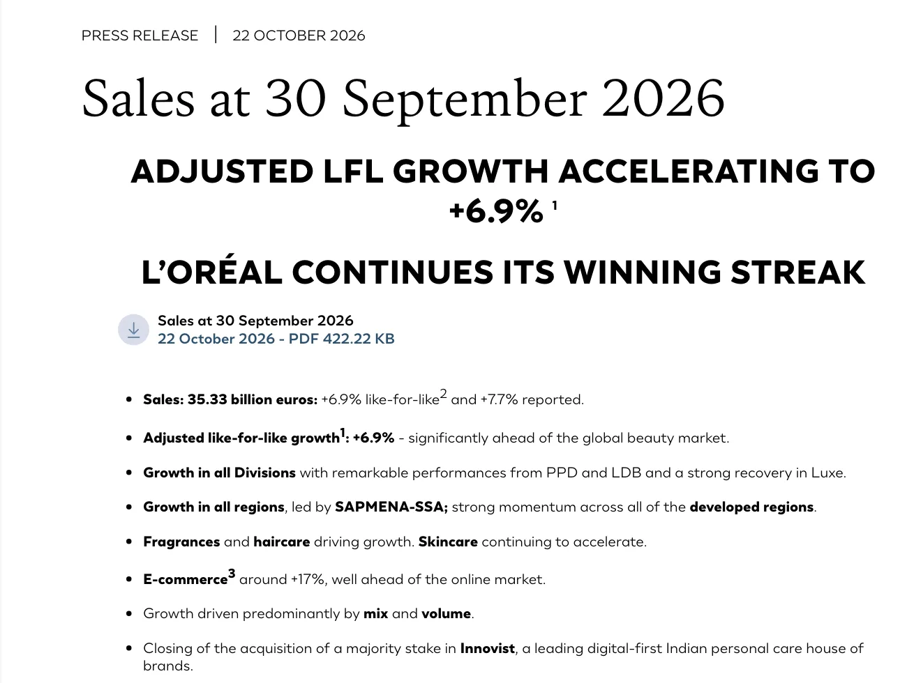 ภาพหน้าจอรายงาน Sales at 30 September 2026 ของ L'Oréal ลงวันที่ 22 ตุลาคม 2026 พาดหัว adjusted LFL growth accelerating to +6.9% และประเด็นหลักของ L'Oréal ไตรมาส 3