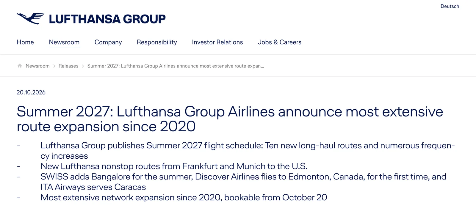 หน้าประกาศตาราง Lufthansa Summer 2027 บนห้องข่าว Lufthansa Group ลงวันที่ 20.10.2026 ระบุเส้นทางบินระยะไกลใหม่ 10 เส้นทาง และเปิดจองตั้งแต่ 20 ตุลาคม