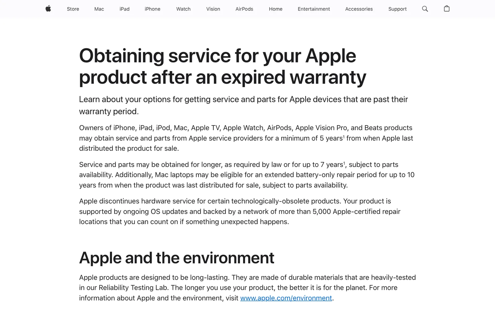 หน้า Obtaining service for your Apple product after an expired warranty ของ Apple อธิบายระยะเวลาบริการและการซ่อมแบตเตอรี่ Mac