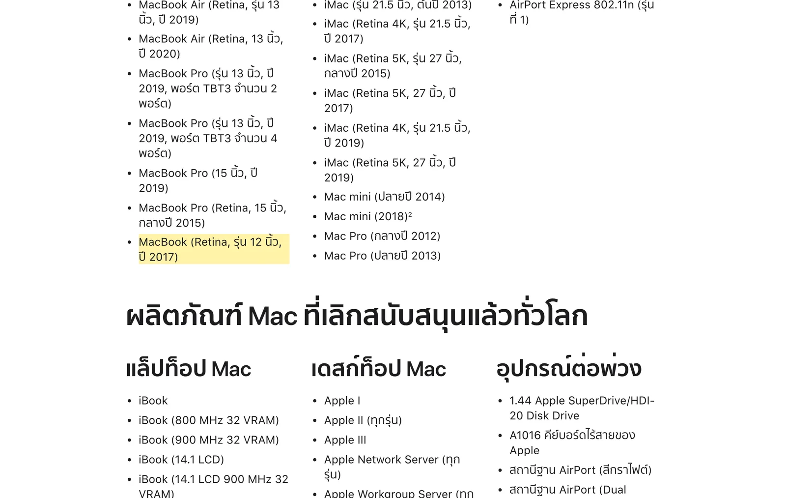 หน้าภาษาไทยของ Apple จัด MacBook (Retina, รุ่น 12 นิ้ว, ปี 2017) อยู่ในกลุ่มผลิตภัณฑ์ Mac รุ่นวินเทจทั่วโลก