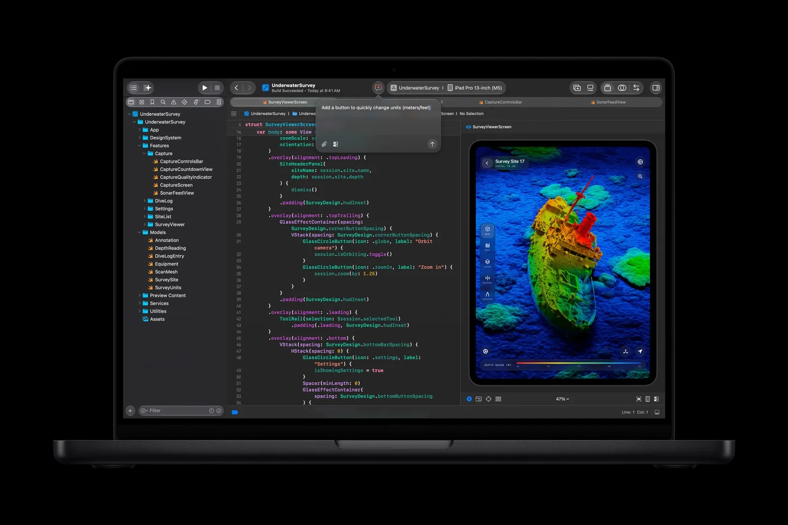 โค้ดใน Xcode บน MacBook Pro 14 นิ้ว ชิป M6