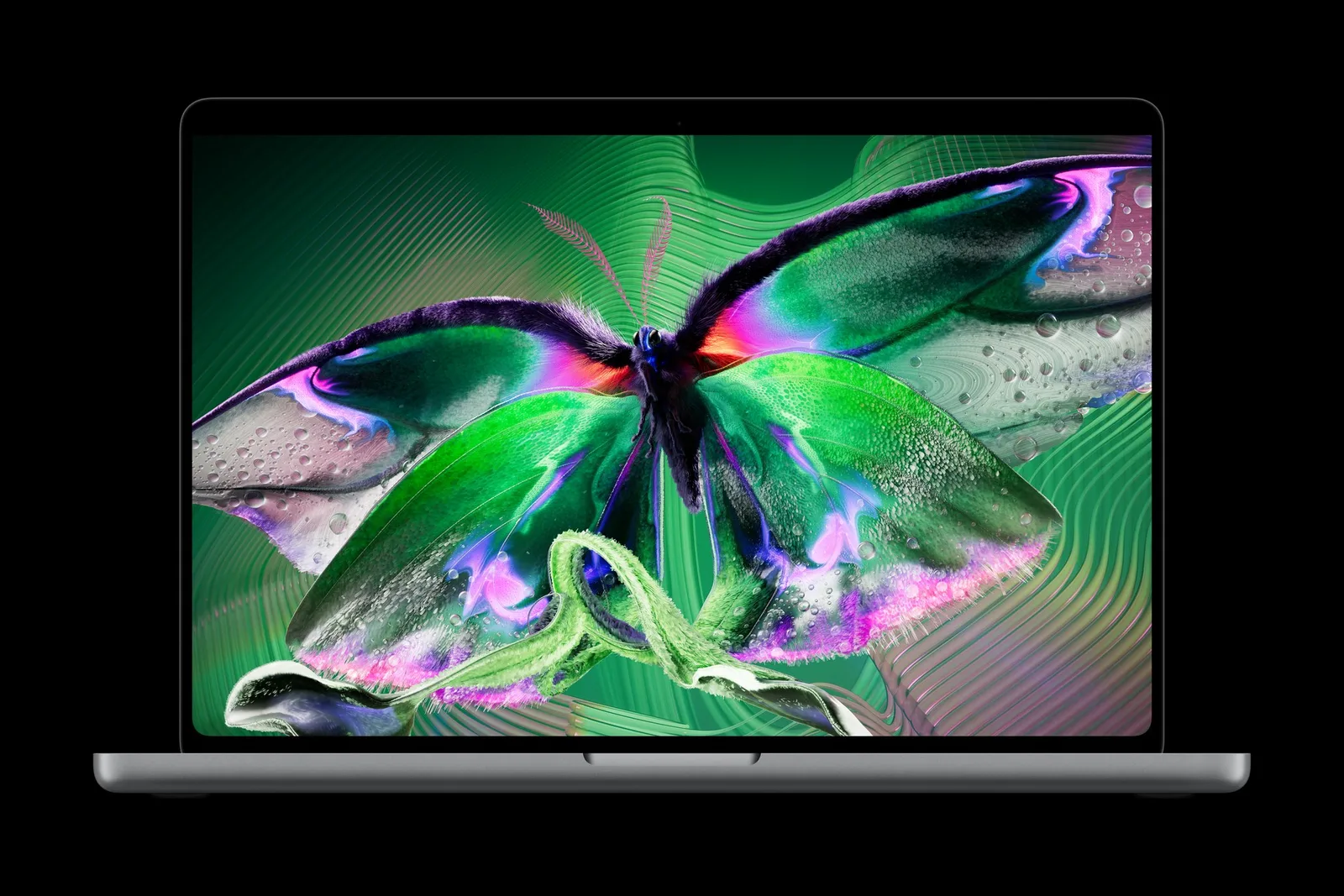 MacBook Pro จอ PROLED XDR แสดงภาพสีสดบนพื้นหลังดำ