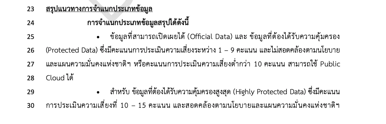 ส่วนสรุปของร่างหลักเกณฑ์การจัดระดับชั้นข้อมูลภาครัฐของ สพร. ฉบับ CDV v0.3 ระบุว่าข้อมูลที่คะแนนความเสี่ยงต่ำกว่า 10 คะแนนใช้ Public Cloud ได้