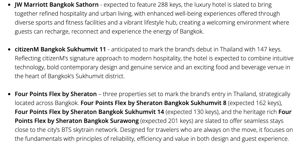 ข้อความในประกาศของ Marriott ระบุจำนวนห้องที่คาดไว้ของ JW Marriott Bangkok Sathorn 288 ห้อง citizenM สุขุมวิท 11 จำนวน 147 ห้อง และ Four Points Flex by Sheraton 3 แห่งในกรุงเทพฯ