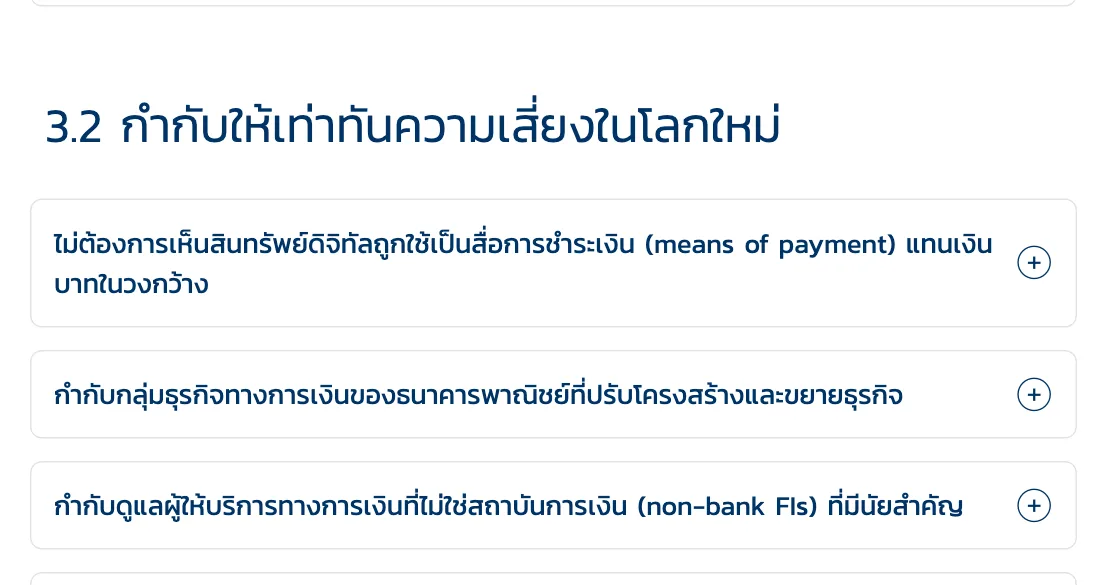 ภาพหน้าจอหน้าภูมิทัศน์ภาคการเงินไทยของ ธปท. หัวข้อ 3.2 กำกับให้เท่าทันความเสี่ยงในโลกใหม่ ระบุว่าไม่ต้องการเห็นสินทรัพย์ดิจิทัลถูกใช้เป็นสื่อการชำระเงินแทนเงินบาทในวงกว้าง
