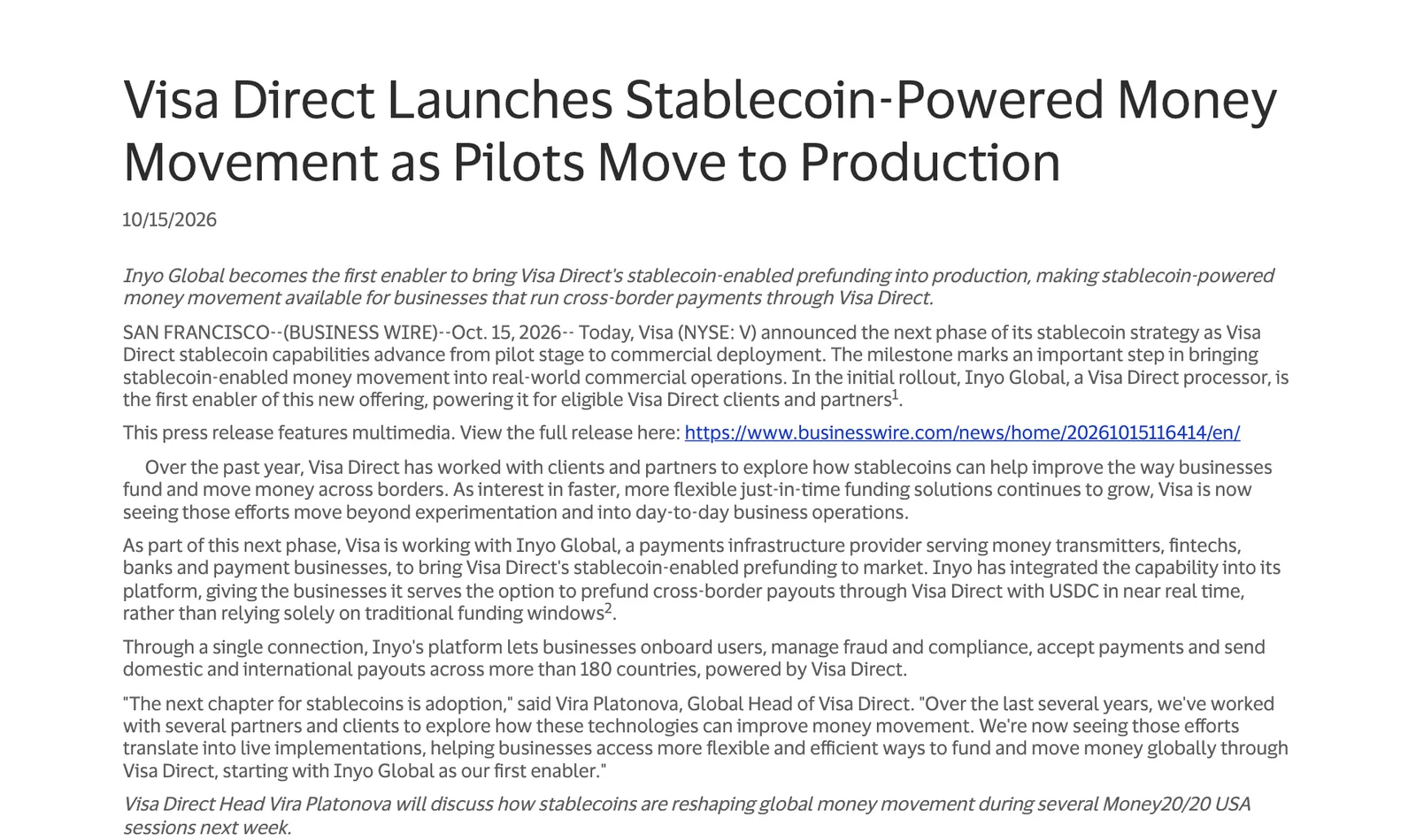 ภาพหน้าจอข่าวประชาสัมพันธ์ของ Visa ลงวันที่ 15 ตุลาคม 2026 เรื่อง Visa Direct เปิดบริการโอนเงินด้วย Stablecoin เชิงพาณิชย์ โดย Inyo Global เป็นรายแรก
