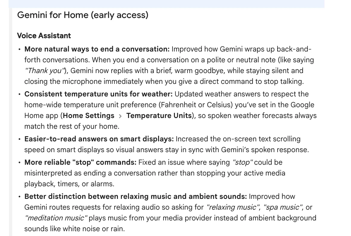 บันทึกการอัปเดต Gemini for Home 14 ตุลาคม 2026 เรื่องการจบบทสนทนา หน่วยอุณหภูมิ และคำสั่ง stop