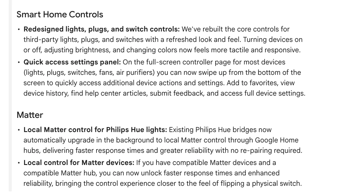 บันทึกการอัปเดต Matter ใน Google Home 14 ตุลาคม 2026 ระบุการควบคุมแบบโลคัลของไฟ Philips Hue และอุปกรณ์ Matter