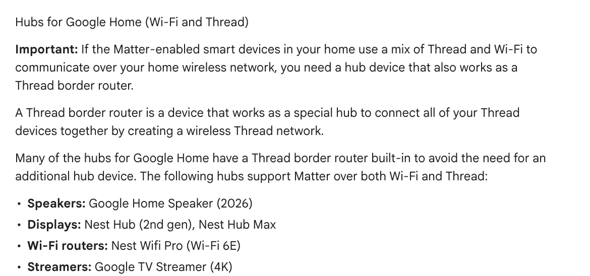 หน้าช่วยเหลือของ Google แสดงฮับที่รองรับ Matter ใน Google Home ผ่านทั้ง Wi-Fi และ Thread