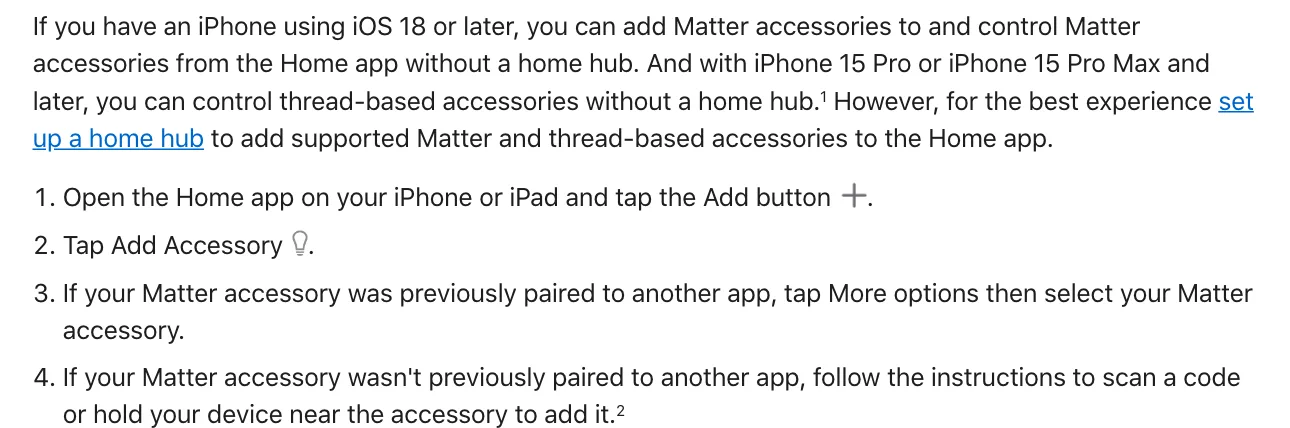 หน้าช่วยเหลือของ Apple เรื่องการเพิ่มอุปกรณ์มาตรฐาน Matter ในแอป Home ด้วย iPhone ที่ใช้ iOS 18 ขึ้นไป