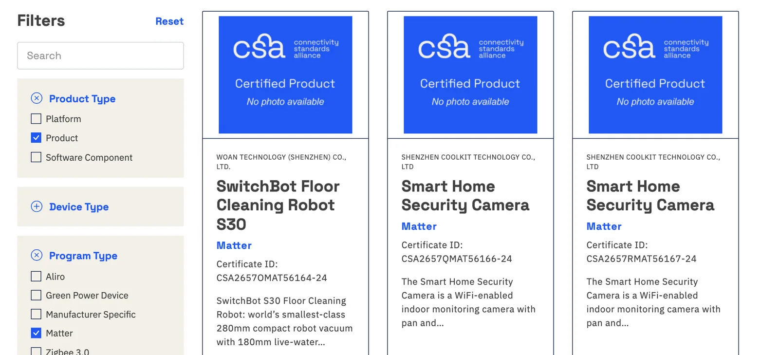 หน้า Certified Products ของ CSA เมื่อกรอง Product Type และ Program Type เป็น Matter แสดงรุ่นและ Certificate ID