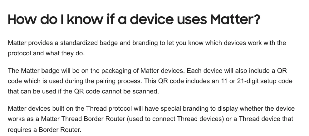 หน้าช่วยเหลือ SmartThings อธิบายโลโก้ Matter บนกล่อง QR code รหัสตั้งค่า 11 หรือ 21 หลัก และสัญลักษณ์ Thread