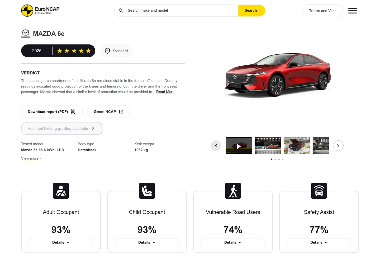 หน้าผลทดสอบ Euro NCAP ของ Mazda 6e ปี 2025 แสดง 5 ดาว คะแนนผู้ใหญ่ 93% เด็ก 93% ผู้ใช้ถนน 74% และระบบช่วย 77%