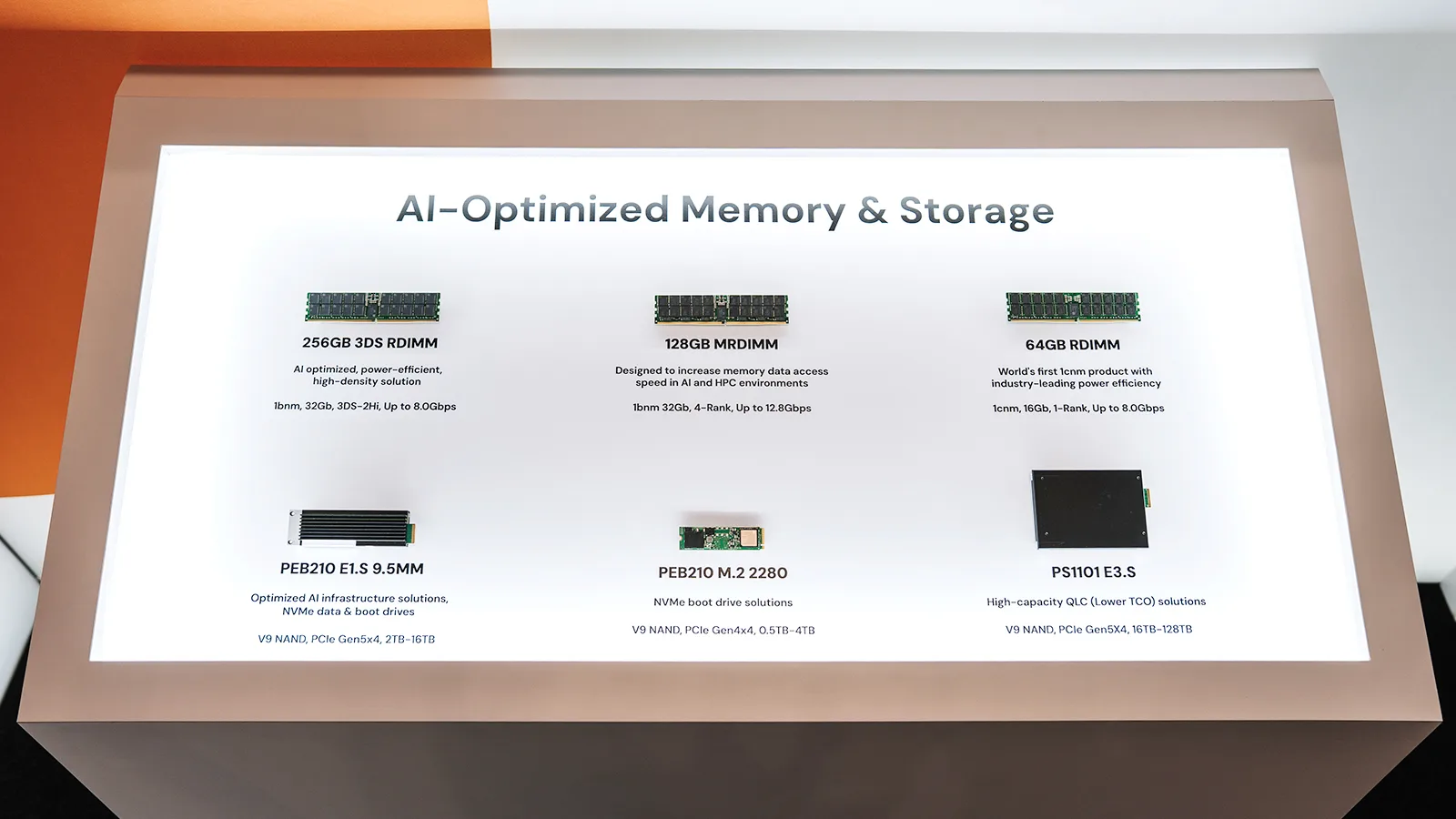 แท่นจัดแสดง AI-Optimized Memory & Storage ของ SK hynix มี RDIMM 256GB, MRDIMM 128GB, RDIMM 64GB และ SSD สำหรับเซิร์ฟเวอร์ PEB210 กับ PS1101