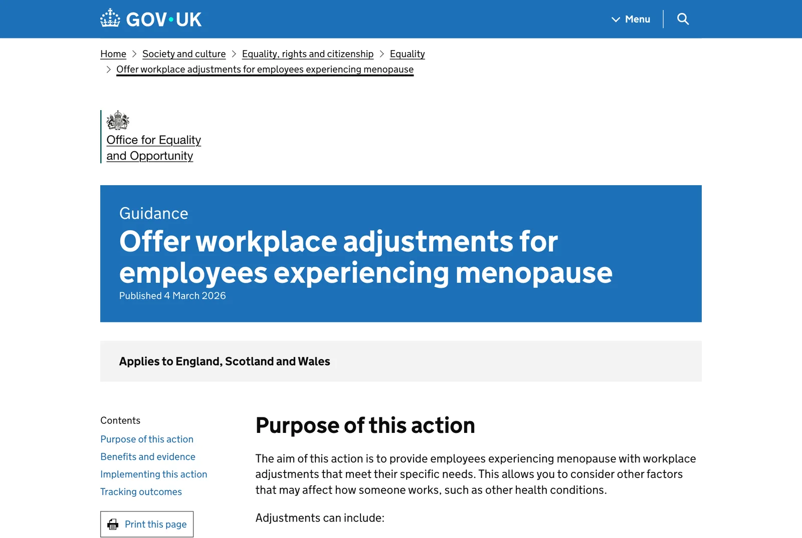 หน้าแนวทาง Offer workplace adjustments for employees experiencing menopause ของ Office for Equality and Opportunity บน GOV.UK เผยแพร่ 4 มีนาคม 2026