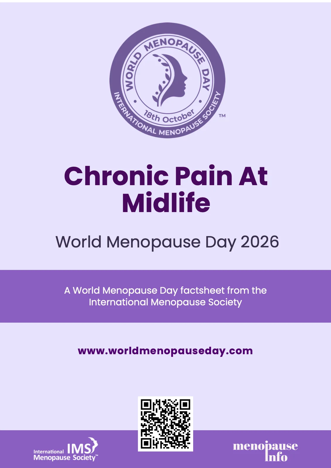 หน้าปกเอกสารข้อเท็จจริงวันวัยหมดประจำเดือนโลก 2026 ของ International Menopause Society หัวข้อ Chronic Pain At Midlife พร้อมตราสัญลักษณ์ World Menopause Day 18 ตุลาคม
