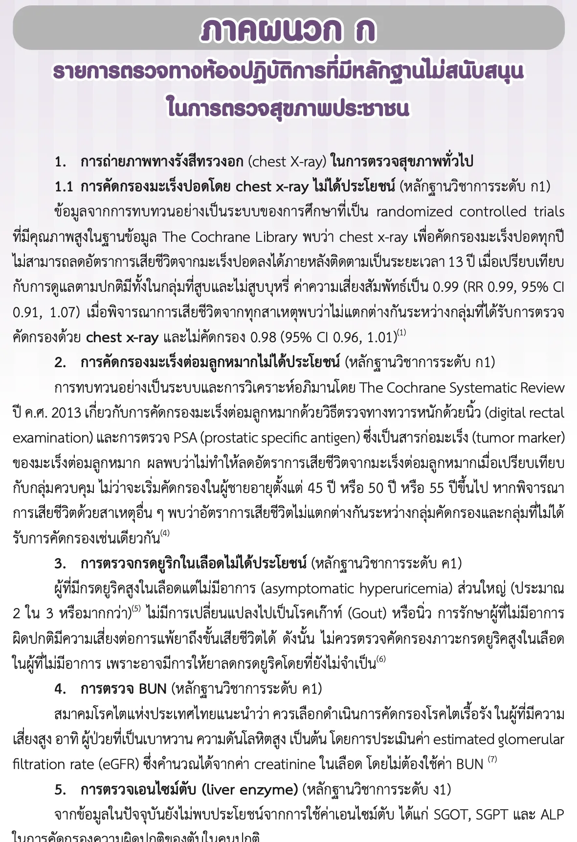 ภาคผนวก ก ของแนวทางการตรวจสุขภาพกรมการแพทย์ ฉบับปรับปรุง 2565 รายการตรวจทางห้องปฏิบัติการที่หลักฐานไม่สนับสนุน ได้แก่ เอกซเรย์ทรวงอก คัดกรองมะเร็งต่อมลูกหมาก กรดยูริก BUN และเอนไซม์ตับ