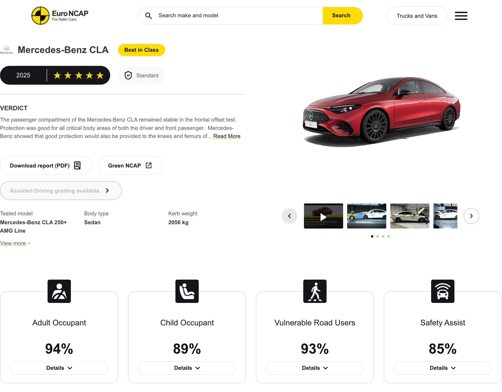 หน้าผลทดสอบ Euro NCAP ของ Mercedes-Benz CLA ปี 2025 แสดง 5 ดาว ป้าย Best in Class และคะแนนผู้ใหญ่ 94% เด็ก 89% ผู้ใช้ถนน 93% ระบบช่วย 85%