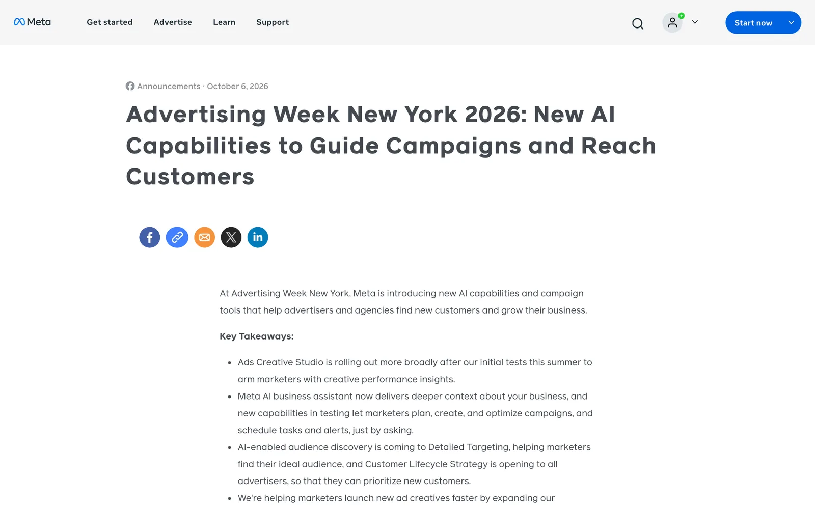 ประกาศของ Meta เรื่องเครื่องมือ AI ใหม่ในงาน Advertising Week New York 2026 ลงวันที่ 6 ตุลาคม 2026