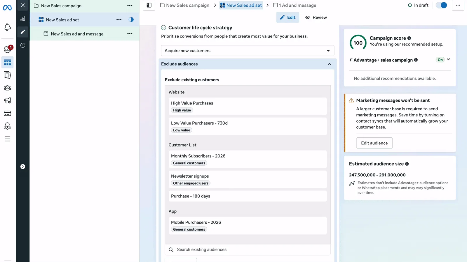 หน้าตั้งค่า Customer Lifecycle Strategy ใน Ads Manager ของ Meta เลือกเป้าหมายหาลูกค้าใหม่และตัดกลุ่มลูกค้าเดิมออก