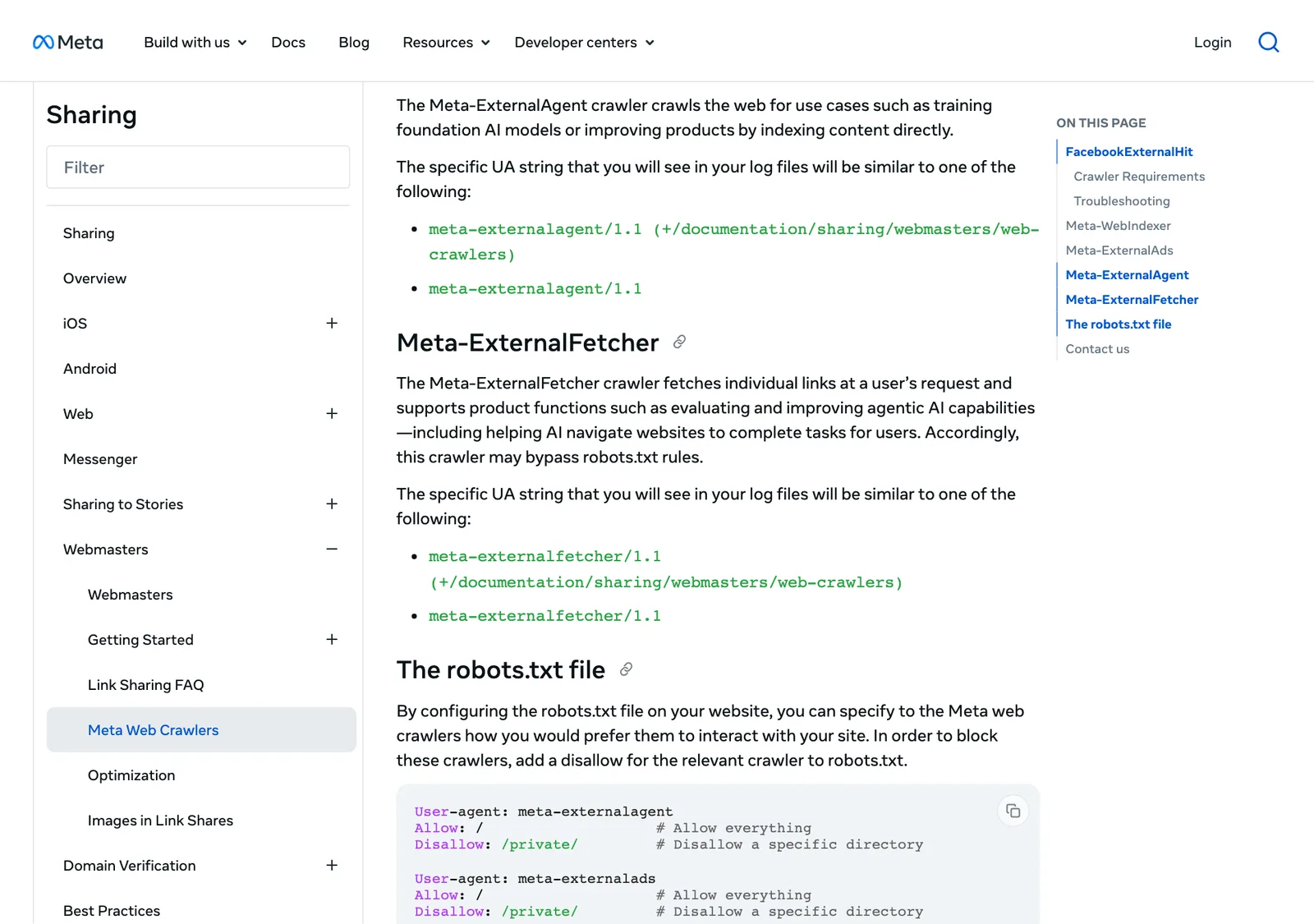 หน้าเอกสาร Meta Web Crawlers บน developers.facebook.com ส่วน Meta-ExternalAgent สำหรับฝึกโมเดล AI พื้นฐาน, Meta-ExternalFetcher และตัวอย่าง robots.txt สำหรับ meta-externalagent และ meta-externalads