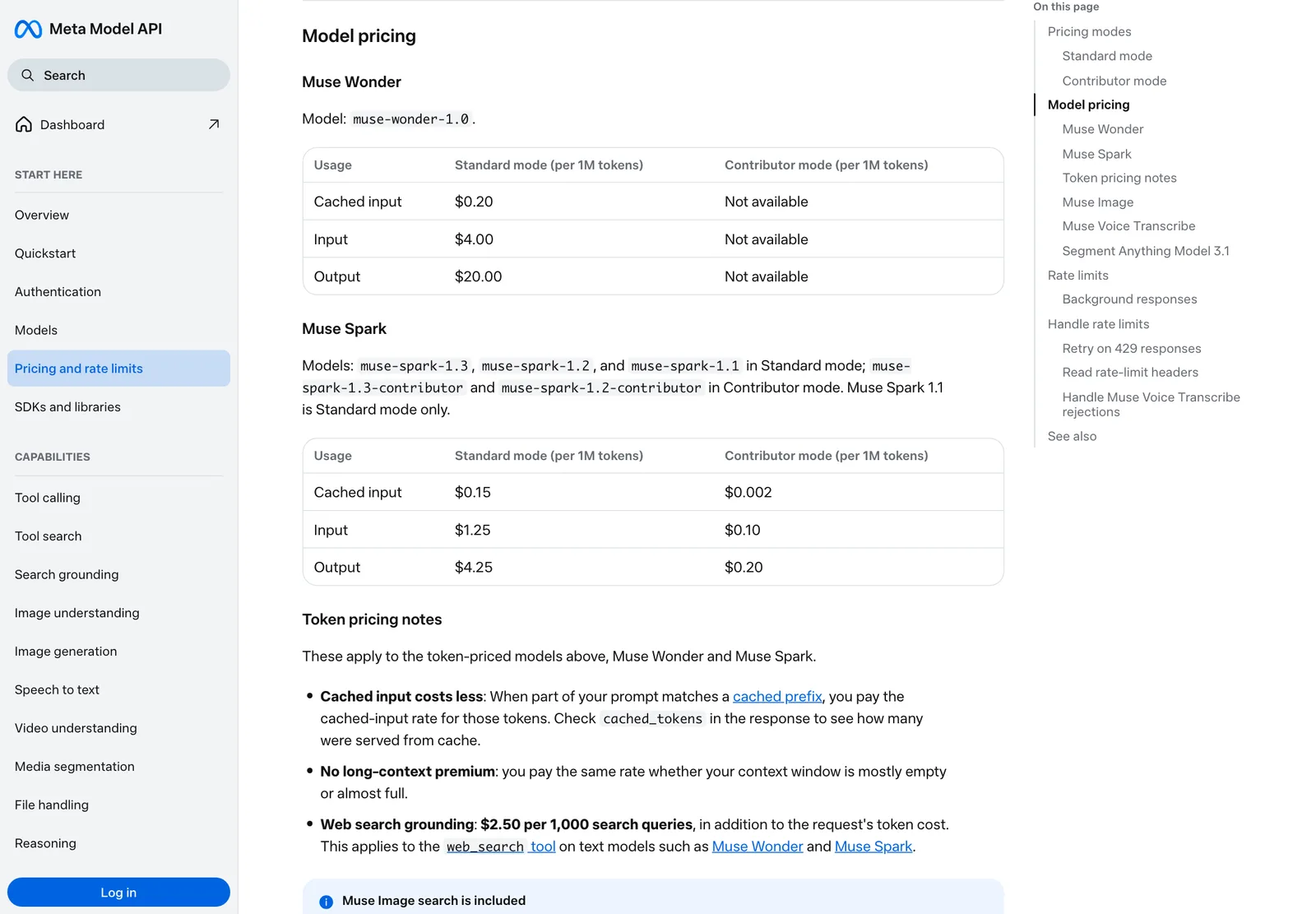 หน้า Pricing and rate limits ของ Meta Model API แสดงตารางราคา Muse Wonder รุ่น muse-wonder-1.0 ขาเข้า 4 ดอลลาร์ ขาออก 20 ดอลลาร์ แคช 0.20 ดอลลาร์ต่อล้านโทเคน และตารางราคา Muse Spark