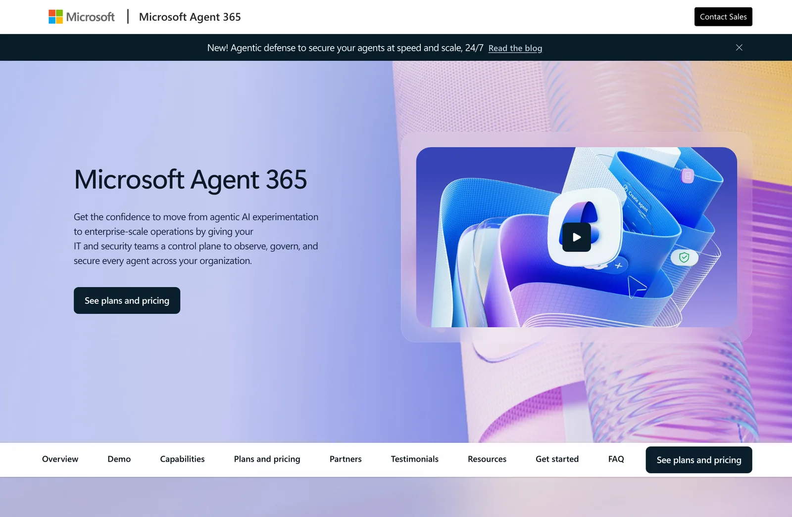 หน้าผลิตภัณฑ์ Microsoft Agent 365: The Control Plane for Agents